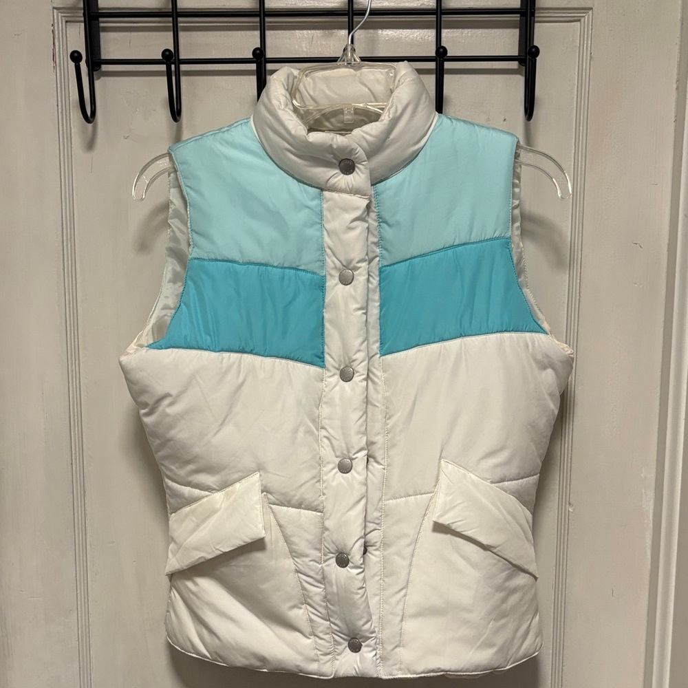 Guess White and Teal Vintage Looking Puffer Vest Small